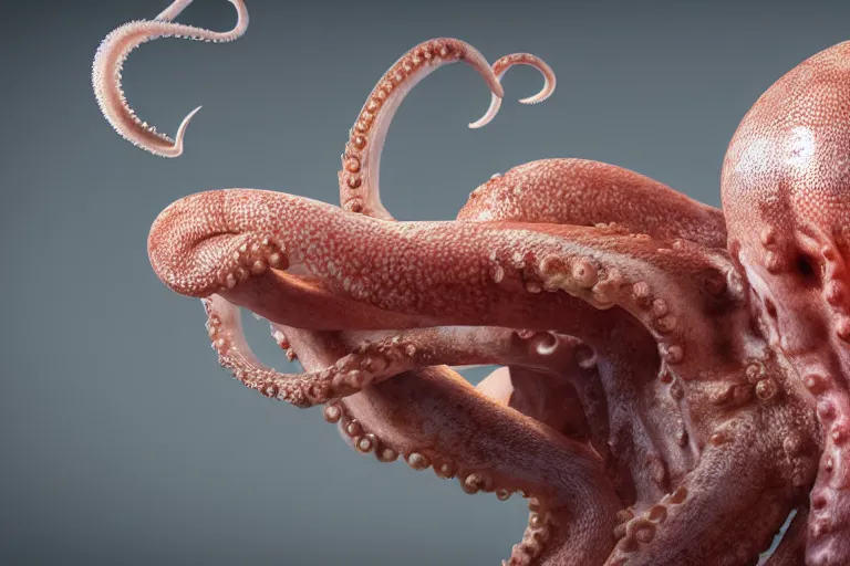 Image similar to An octopus made of muscles and flesh, very angry, teeth, ambient light, terror, glows, realistic, photo-realism, hyper realism, picture, detailed, 3D render, scary, distant shot, in the distance,