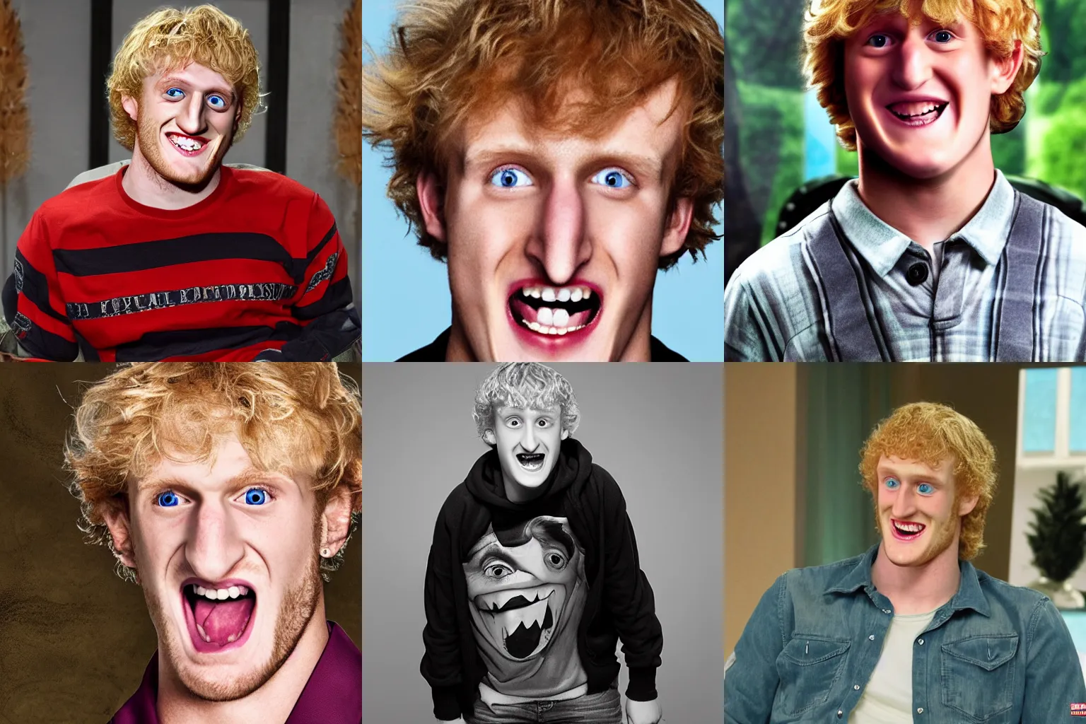Prompt: A portrait of special needs Logan Paul. Massive grin. Mad TV. cursed and haunted.