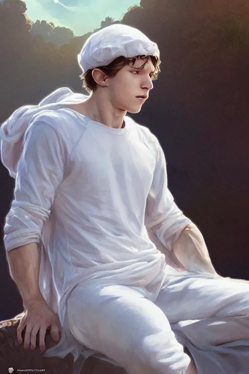 Prompt: tom holland godly white clothes meditating in the sun, blank lighting ultra realistic photorealistic highly detailed high quality, a stunningly, digital painting, artstation, concept art, smooth, sharp focus, illustration, art by artgerm and greg rutkowski and alphonse mucha 8 k