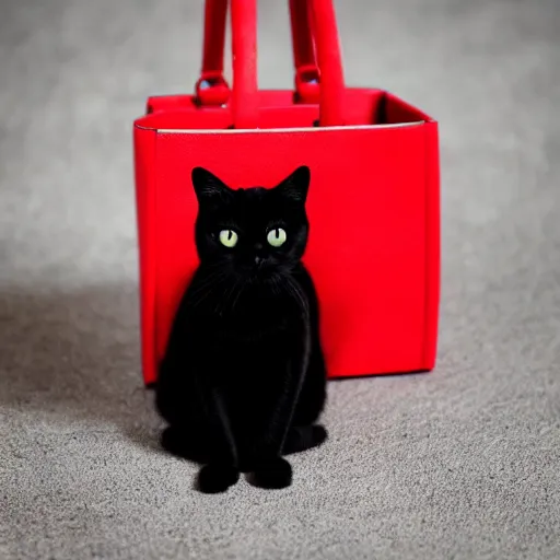 Image similar to black cat, in a red bag, playful, realistic, cute, photo quality, well lit