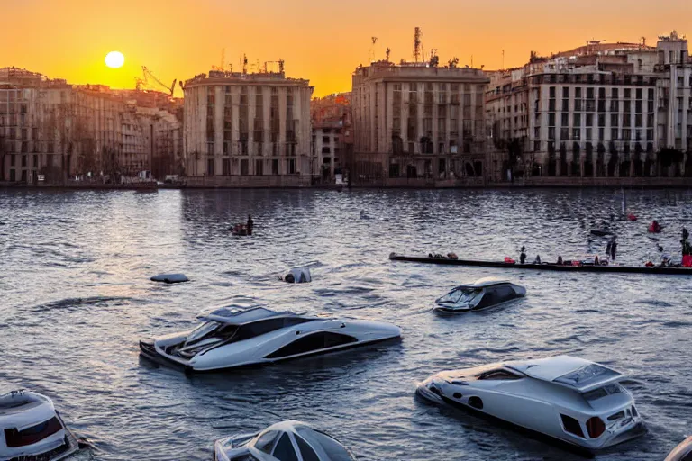 Image similar to views of people on boats on a catastrophic barcelona, buildings covered with high water, floating cars, sunset lighting, photo real