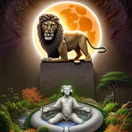 Image similar to an anthromorphic lion meditating in a zen garden with a waterfall under the blood moon, by Adi granov and afarin sajedi and amanda sage and evgeni gordiets and Agostino Arrivabene and adonna khare in a psychedelic portrait style, ultrarealistic matte painting, volumetric lighting, fractal, extremely symmetrical, highly detailed face, orisha, 8k, hd