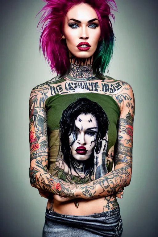 Prompt: upper body portrait megan fox as a punk woman with green mohawk, covered in neotraditional style tattoos, wearing a bold tees shirt, fishnets and a long tartan skirt, intimidating, max details, hyperrealistic, photorealistic, ultra - realistic, ultra - detailed, cinematic, 8 k resolution by alan lee