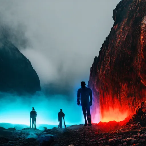 Image similar to unsplash contest winning photo, a giant crowd of realistic shiny reflective chrome men, inside a colorful dramatic unique rocky western landscape, low fog, giant neon light
