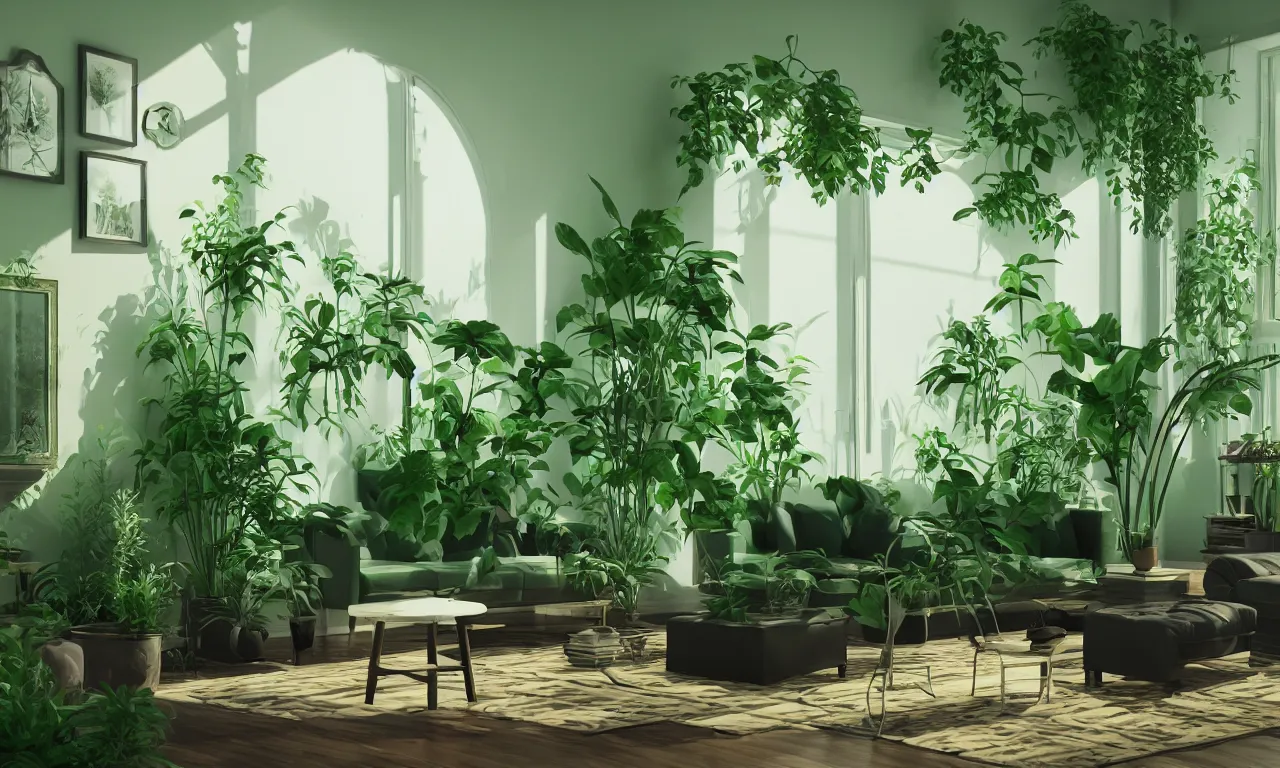 Prompt: comfy green living room with many plants, complicated liminal interior, Lynchian, unsettling, dreamlike with vapor clouds and painting by Henri Rousseau, 3D render by Beeple and Barry Chuckle, layered, parallax effect