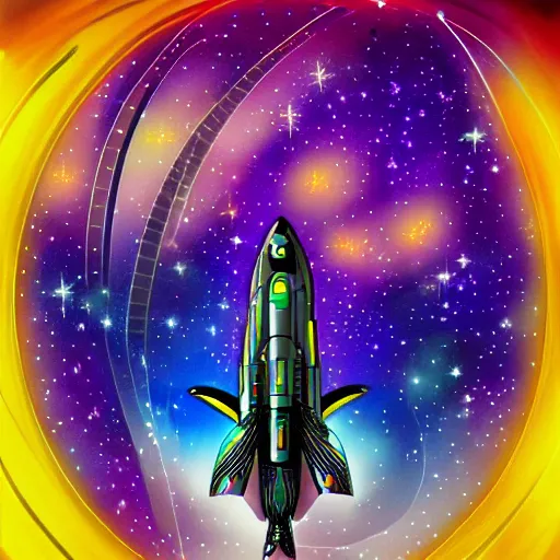 Image similar to spaceship traveling through stardust hyperspace. full color
