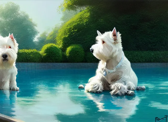 Image similar to west highland white terrier sitting by a pool, bright, reflections, intricate, sharp focus, lens flare, bloom, illustration, highly detailed, digital painting, concept art, matte, art by ruan jia and wlop and greg rutkowski, masterpiece