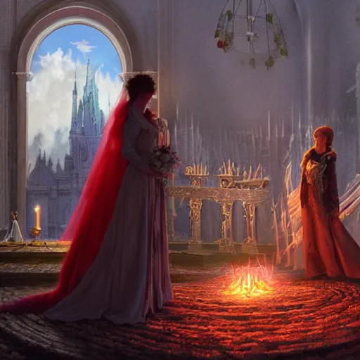 Image similar to an ultra detailed matte painting of a lesbian wedding between evil pyromancer and a red mage, unholy, white church background, detailed face, sharp focus, highly detailed, cinematic lighting, studio quality, colorful, smooth render, vector illustration, octane, rendered, by artgerm, greg rutkowski, alphonse mucha