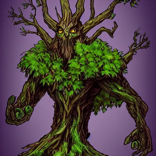 Image similar to green old treant, treant made of leaves and roots, old tree, old humanoid ents, epic fantasy style, green theme, forest background, hearthstone artwork