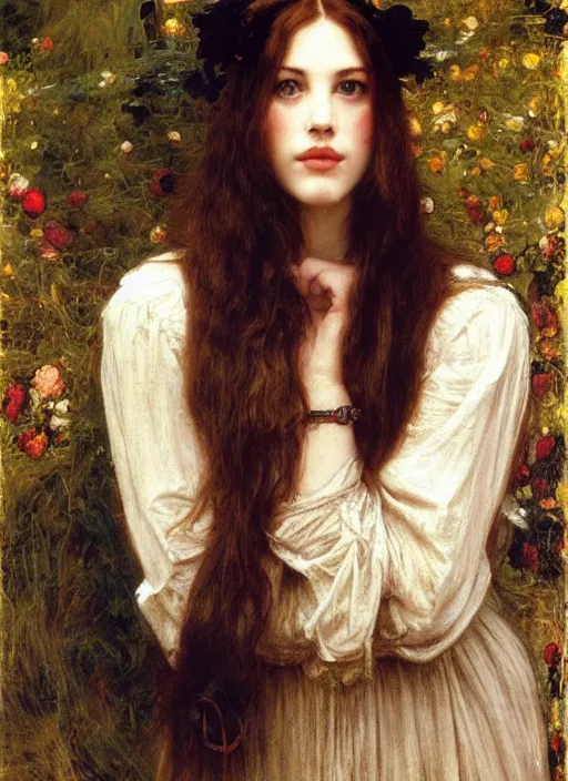Prompt: a beautiful painting of young liv tyler by John Everett Millais and Dante Gabriel Rossetti and John Collier and john william waterhouse, pre-raphaelite, detailed, trending on artstation, hd, masterpiece