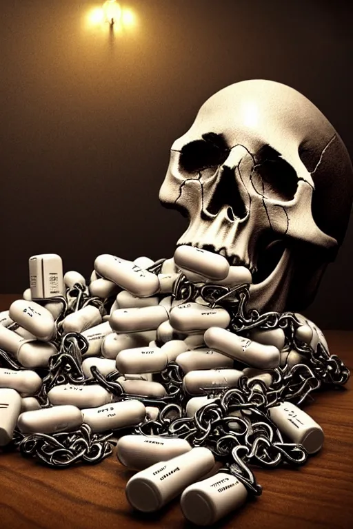 Image similar to beutifull and very tired womanlooking pile Off pills, drugs, cigarrette boxes and a skull on a wooden table, skull made out of smoke coming out of pills, fantasy, intricate, elegant, highly detailed, digital painting, artstation, concept art, addiction, chains, smooth, sharp focus, illustration, art by Ilja Repin