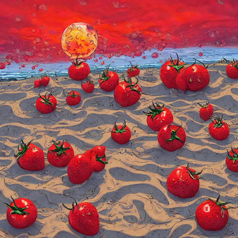 Prompt: a funny high resolution oil painting with dirty old brush of a lazy red burning and melting tomatos with googly eyes on a sunset beach to hot for the sun, big piles of strawberry icecream in cones falling from the sky by james jean