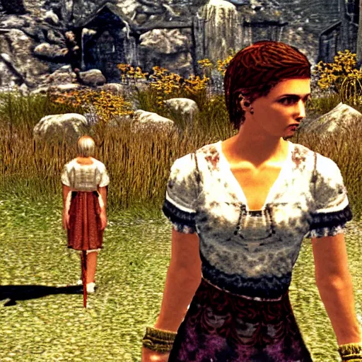 Image similar to a still from the movie midsommar, 2 0 0 0 vagrant story graphics ps 1 visual aesthetic