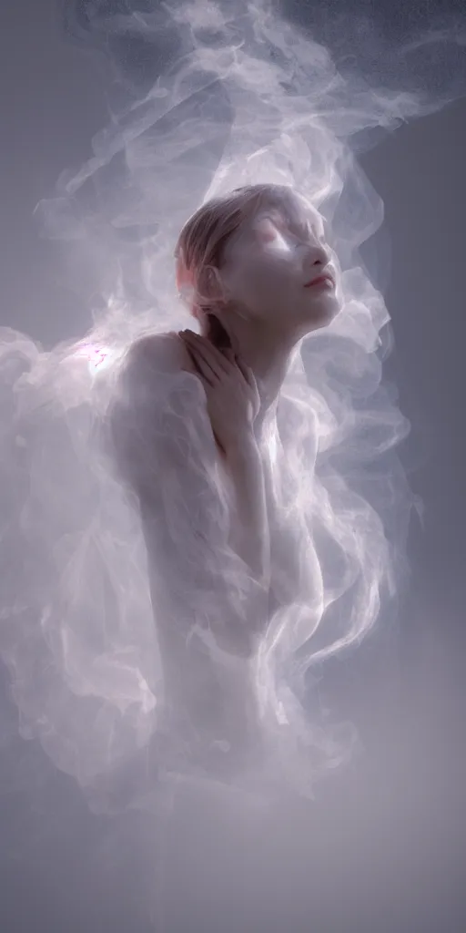 Image similar to a radiant goddess with many arms obscured by wisps of smoke and dust particles, fluid simulation, particle simulation, ephemeral, highly detailed, hyperrealism, octane render