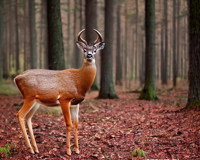 Prompt: a national geographic photo of deer that has red color skin in forest, f 2,0, telephoto, fine deatils