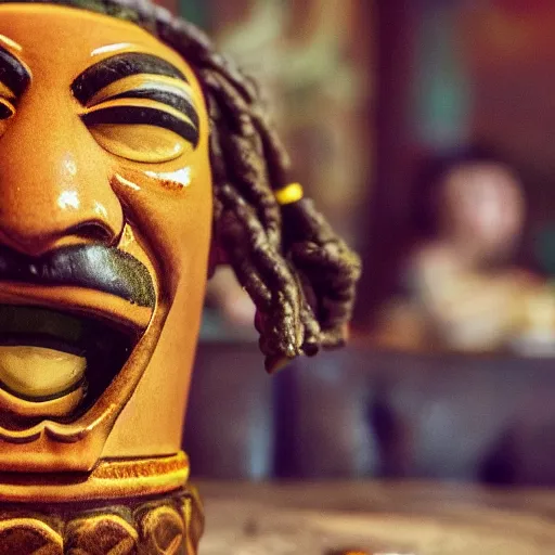 Prompt: a closeup photorealistic photograph of happy stoned blunt smoking snoop dogg at trader vic's bar holding up a trader vic's style tiki mug featuring snoop dogg's face. tiki culture. lit scene. 4 k hd image that's trending on artstation, featured on behance, well rendered, extra crisp, features epic composition and the style of unreal engine.