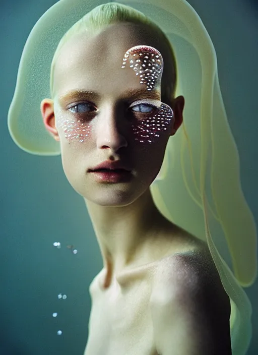 Prompt: Kodak Portra 400, 8K, soft light, volumetric lighting, highly detailed, britt marling style 3/4 , portrait photography of a beautiful woman by Paolo Roversi, face and body merging with jellyfishes, symbolic metamorphosis complex 3d render , 150 mm lens, art nouveau fashion embroidered,bust with intricate underwaters details, elegant, hyper realistic, ultra detailed, octane render, underwater soft colours, emotionally evoking, head in focus, fantasy, elegant, soft light, volumetric lighting, highly detailed, Refined, Highly Detailed, soft pastel lighting colors scheme, fine art photography, Hyper realistic, photo realistic