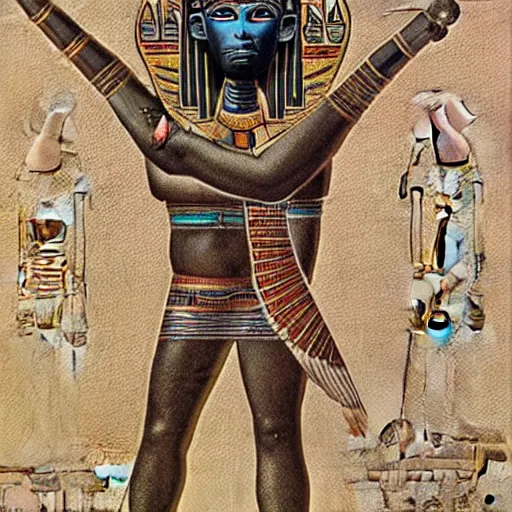 Image similar to the annunaki have returned to egypt wearing space suits that look like egyptian pharoah head - dresses and breathing hoses that look like elephant trunks - alien - looking, futuristic, detailed, photo - realism - by bob ross