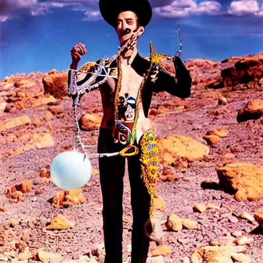 Image similar to salvador dali wearing a costume with jewels in a dry rocky desert landscape, visible sky and sunny atmosphere, film still from the movie by alejandro jodorowsky with cinematogrophy of christopher doyle and art direction by hans giger, anamorphic lens, kodakchrome, very detailed photo, 8 k
