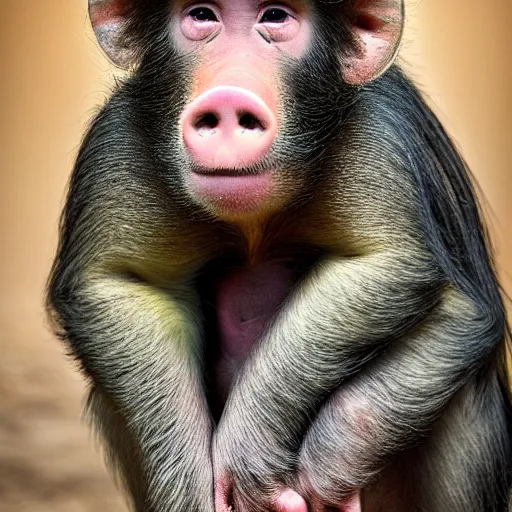 Image similar to pig monkey hybrid, bold natural colors, national geographic photography, masterpiece, full shot