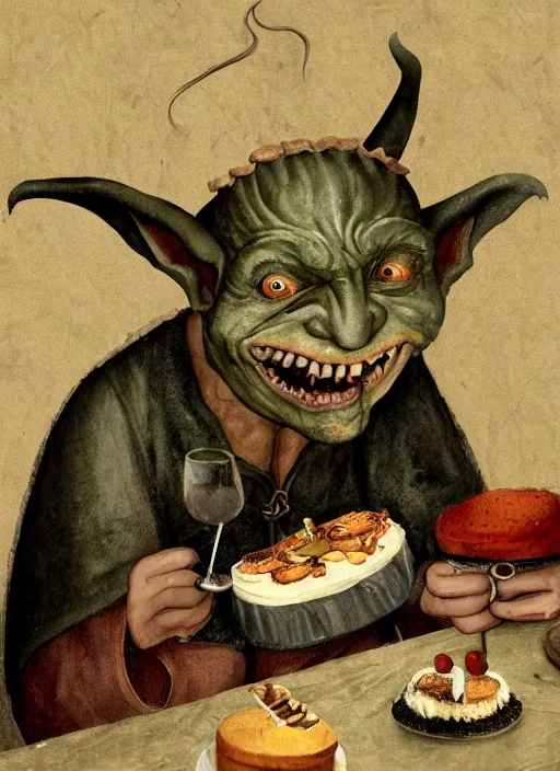 Image similar to medieval goblin eating cakes painted by hieronymus bosch, detailed digital art, trending on Artstation