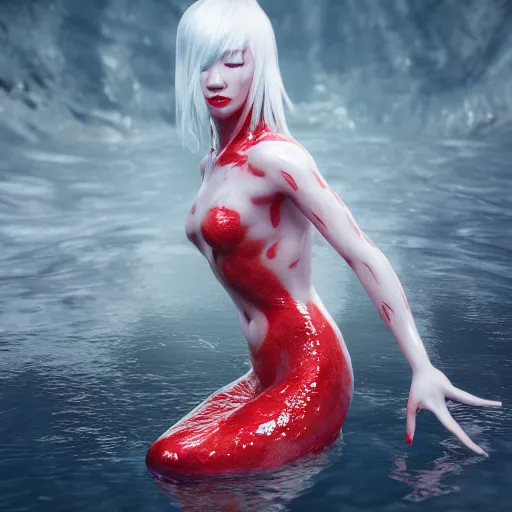 Image similar to albino Asian mermaid , unreal engine octane, red and white, portrait, gliter, depth of field, 8k, hyper detailed, intrin ate, trending on artstation