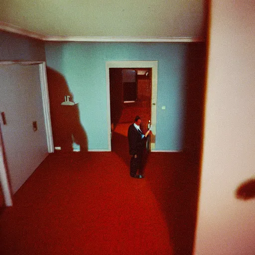 Prompt: a picture of shadow-figure in a 1970's hotel room taken on a disposable camera, tilt-shifted, real-estate-photography