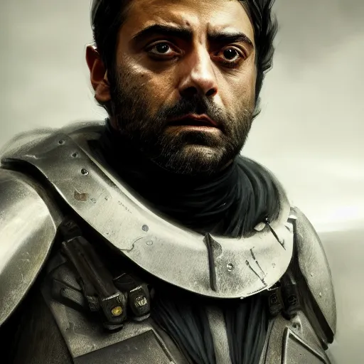 Image similar to oscar isaac portrait, dystopia core, apocalyptic, armor, warrior, dramatic, sharp focus, fiction, neon, fantasy, hyper detailed, digital art, trending in artstation, cinematic lighting, studio quality, smooth render, unreal engine 5 rendered, octane rendered, art style and nixeu and wlop and krenz cushart