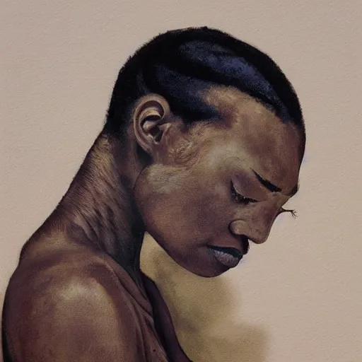 Image similar to a painting of a elegant, well fed, smooth-chinned, long nose, African elder with few eyebrows by Wangechi Mutu . thinker without facial hair, thoughtful, focused, visionary, calm, jovial, loving, fatherly, generous, . dramatic angle, ethereal lights, details, smooth, sharp focus, illustration, realistic, cinematic, artstation, award winning, rgb , unreal engine, octane render, cinematic light, macro, depth of field, blur, red light and clouds from the back, highly detailed epic cinematic concept art CG render made in Maya, Blender and Photoshop, octane render, excellent composition, dynamic dramatic cinematic lighting, aesthetic, very inspirational, arthouse.