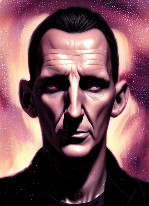 Image similar to portrait of the ninth doctor from doctor who, intricate, elegant, glowing lights, highly detailed, digital painting, artstation, concept art, smooth, sharp focus, illustration, art by wlop, mars ravelo and greg rutkowski