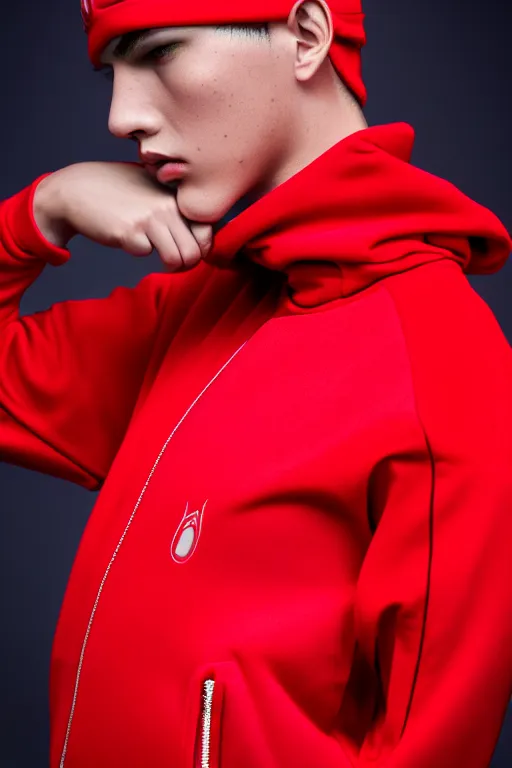 Prompt: model, wearing red acne tracksuit outfit, luxury materials, symmetrical, cinematic, elegant, professional studio light, real dlsr photography, sharp focus, 4 k, ultra hd, sense of awe, high fashion