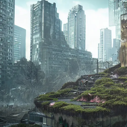 Image similar to a world fallen by disease, cities completely wasted away, nature taken over and grow over buildings, high quality photorealism, cinematic, epic, Deviantart, Octane render