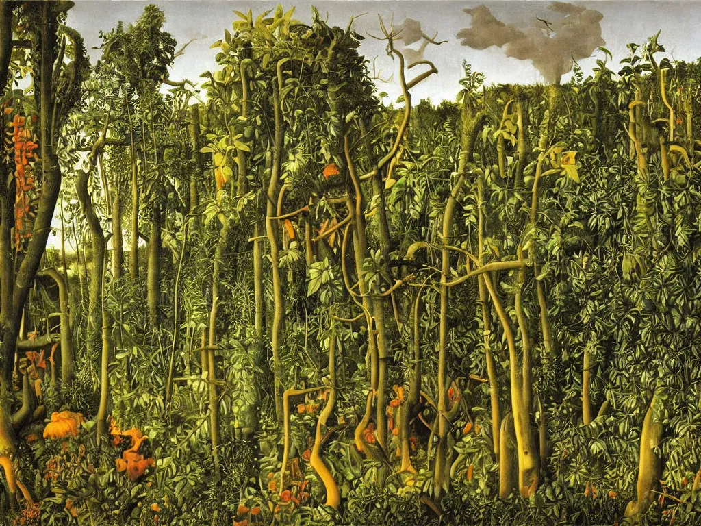 Prompt: Apocalypse with vegetation, leaves, creepers, ivy, ferns taking over the industrial metropolis, toxic, machinery, factory. Thunderstorm, autumn light. Painting by Giovanni Bellini, Henri Rousseau, Escher