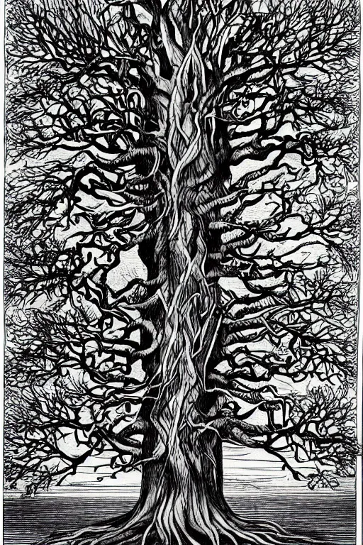 Image similar to a drawing of a tree with its roots in the water, an illustration of by edgar schofield baum, haeckel and alasdair gray, featured on deviantart, ecological art, photoillustration, fractalism, storybook illustration