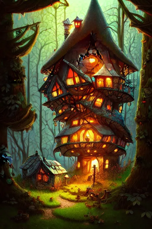 Image similar to a storybook illustration of a ramshackle multistory fairytale hut in the forest, intricate, elegant, fantasy, highly detailed, digital painting, concept art, sharp focus, artstation