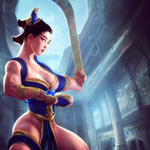 Image similar to Chun-Li ready to fight, full body shot, fantasy, medieval, beautiful face, vivid colors, elegant, concept art, sharp focus, digital art, Hyper-realistic, 4K, Unreal Engine, Highly Detailed, HD, Dramatic Lighting by Brom, trending on Artstation