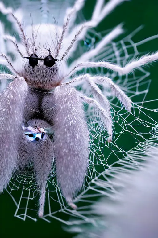 Prompt: high quality macro photo fluffy white spiders! gorgeous highly detailed hannah yata elson peter cinematic dark green lighting high quality low angle hd 8k sharp shallow depth of field