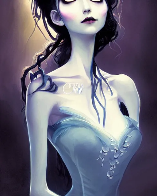 Image similar to elegant mysterious gracious undead victoria everglot from the corpse bride, portrait, illustration, the land of the death, piano in victorian front hall scene, rim light, top light, summer clear blue sky, perfectly shaded, soft painting, art by krenz cushart and wenjun lin