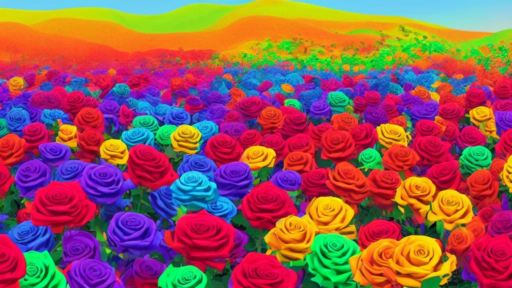 Prompt: digital illustration of a field of giant vibrant multi - colored roses by dr. seuss, reimagined by ilm and beeple : 1 | megaflora by dr. seuss, spectral color, rolling hills : 0. 9 | fantasy : 0. 9 | unreal engine, deviantart, artstation, hd, 8 k resolution : 0. 8
