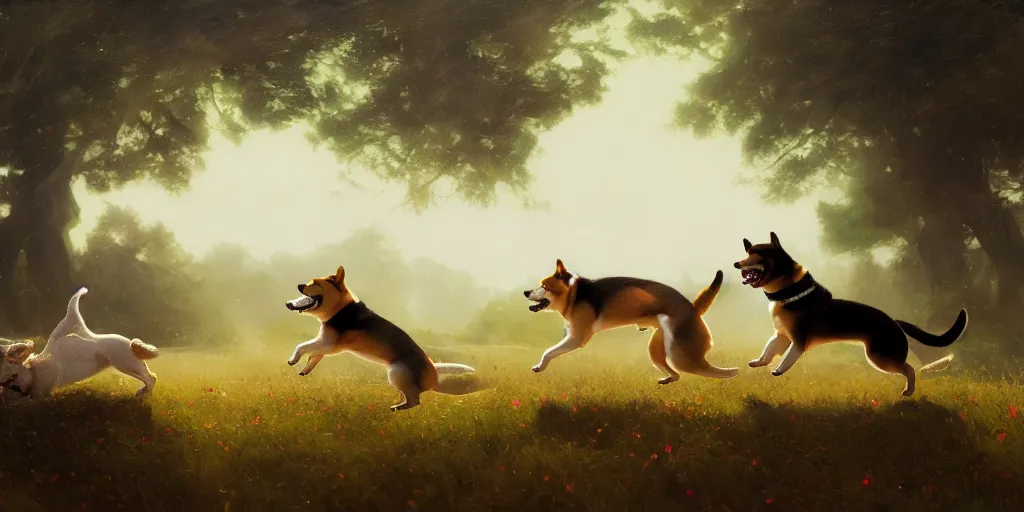 Prompt: a shiba inu fighting a dog on a path in a field, greek mythology, extremely detailed digital painting, in the style of goya and ruan jia and jeremy lipking and peter mohrbacher, mystic colors, edge light, beautiful lighting, 4 k, dazzling scene, ray tracing, octane, trending on artstation