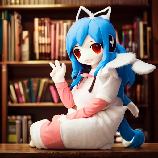 Image similar to cute fumo plush of a foxgirl rpg item shop owner, three point lighting, dramatic, anime, vray