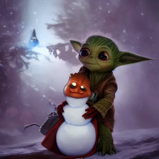 Image similar to Baby Groot and Baby Yoda are building a snowman together, hyperdetailed, artstation, cgsociety, 8k