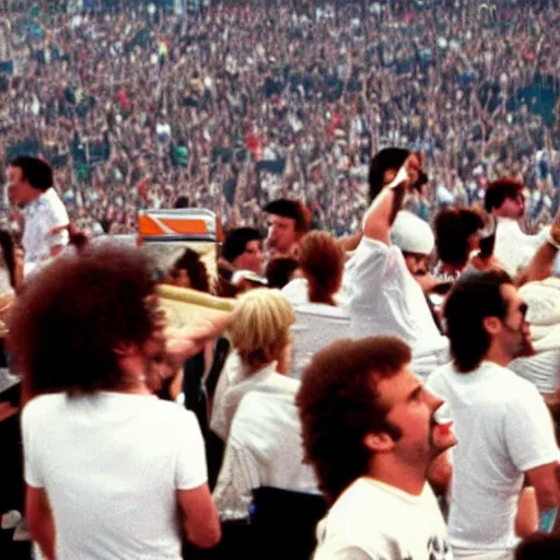 Image similar to a still photo taken from backstage of Live Aid in 1985. Queen the band is on the stage. Freddy Mercury can be seen from behind