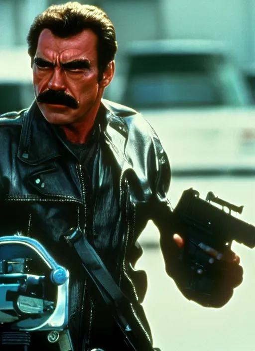 Image similar to film still of tom selleck as the terminator in terminator, 4 k