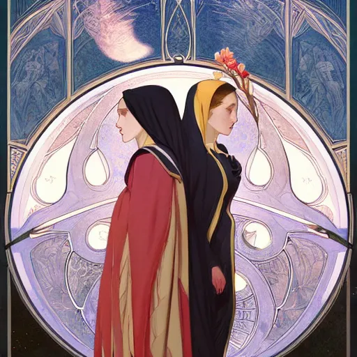 Prompt: two beautiful identical nuns under night sky, full body, intricate, elegant, highly detailed, digital painting, artstation, concept art, smooth, sharp focus, illustration, art by artgerm and greg rutkowski and alphonse mucha, detailed anime art