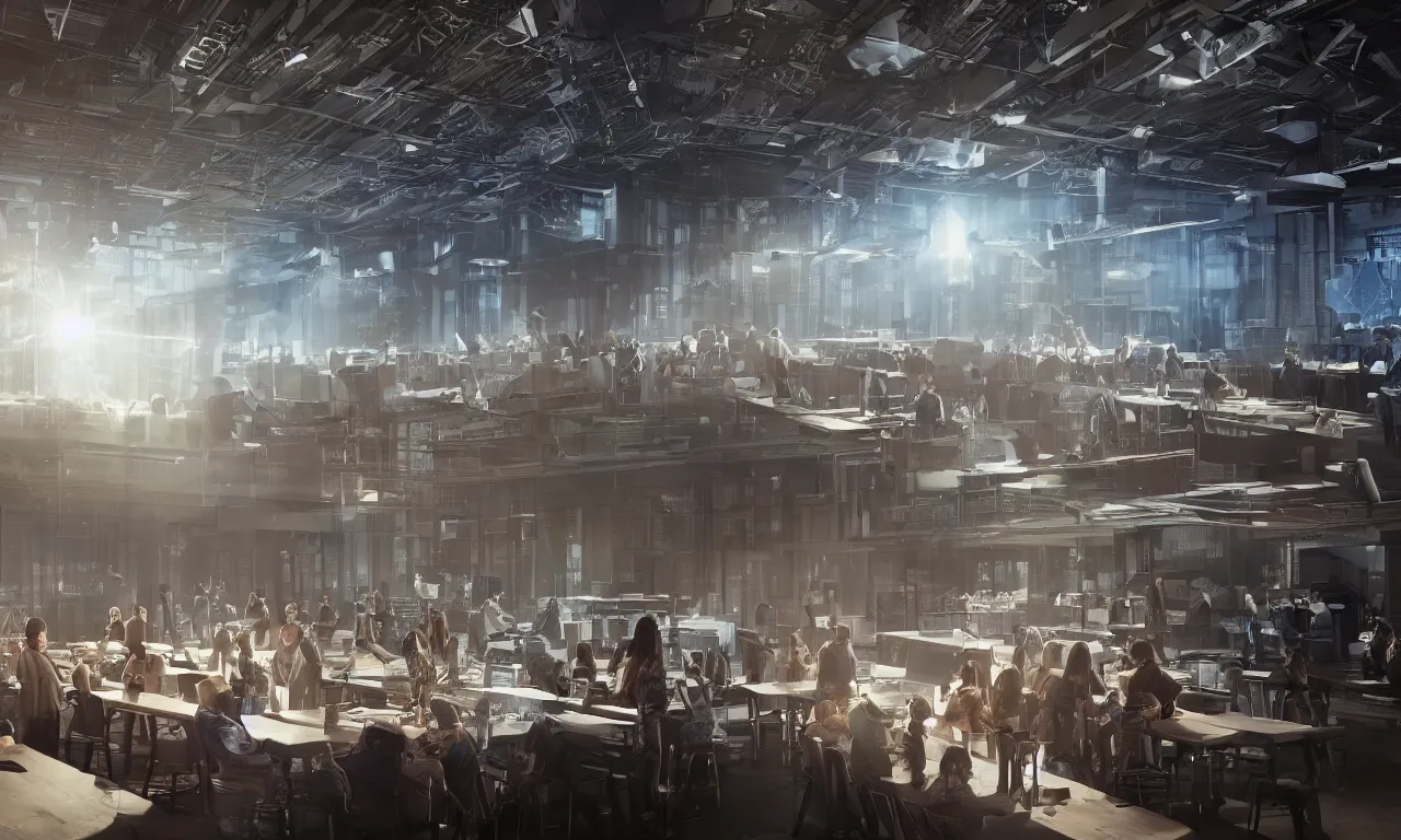 Image similar to cinematic concept, located in empty industrial warehouse with sunlight streaming through the windows, a large table in the middle of the frame that takes up a lot of space, a group of people standing around the table, on top of the table is a large hologram of a city futuristic city, some people are wearing virtual reality headsets in the foreground