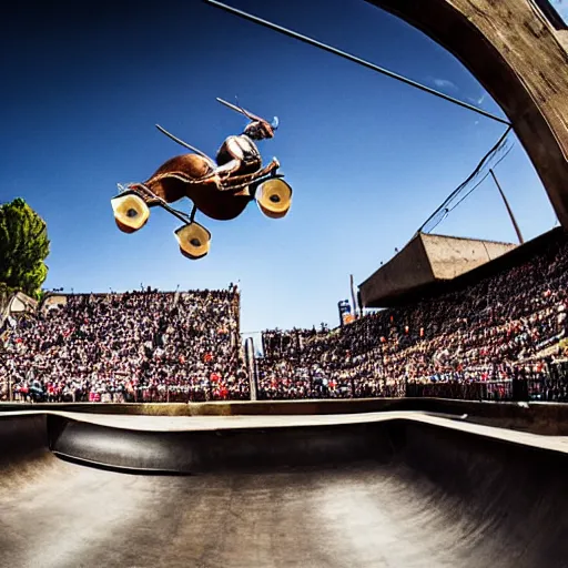 Image similar to roman horse-drawn chariot high jumping in a skate park half-pipe, video game cover, intense, high detail, crowd cheering, wide lense, style of Tony Hawk