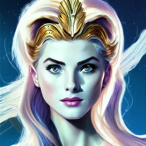 Prompt: A combination of Grace Kelly's and Katherine McNamara's and Ashley Greene's faces with blue hair as She-Ra, western, D&D, fantasy, intricate, elegant, highly detailed, digital painting, artstation, concept art, matte, sharp focus, illustration, art by Artgerm and Greg Rutkowski and Alphonse Mucha
