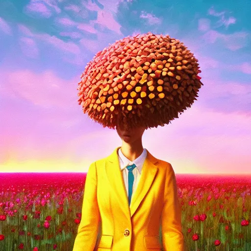 Image similar to giant daisy flower head, frontal, girl in a suit, surreal photography, sunrise, dramatic light, impressionist painting, digital painting, artstation, simon stalenhag