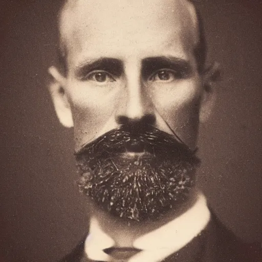 Image similar to A photograph portrait of Jerma985 with a pyramidal mustache in the late 1800s, taken in the late 1800s, 1870s, grainy, taken on a Field View Camera, realistic, hyperrealistic, very realistic, highly detailed, very detailed, extremely detailed, detailed, digital art, trending on artstation